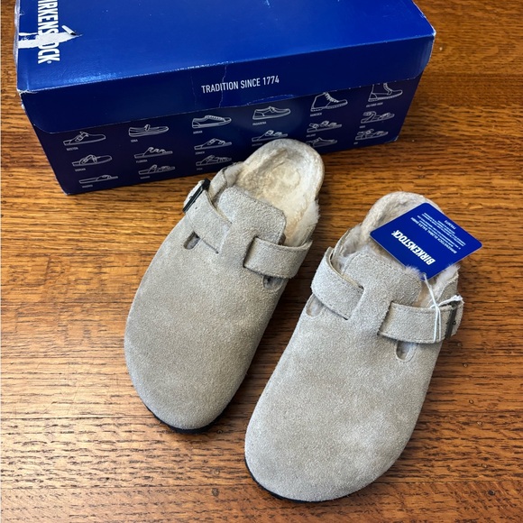 Birkenstock Shoes - Birkenstock Boston Shearling Clogs in Taupe